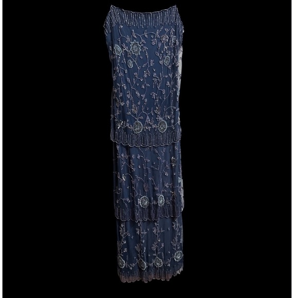 Vintage Stenay Petite Silk Gown Sz 14P Sequin Elegant Blue Beaded Dress - Picture 4 of 9